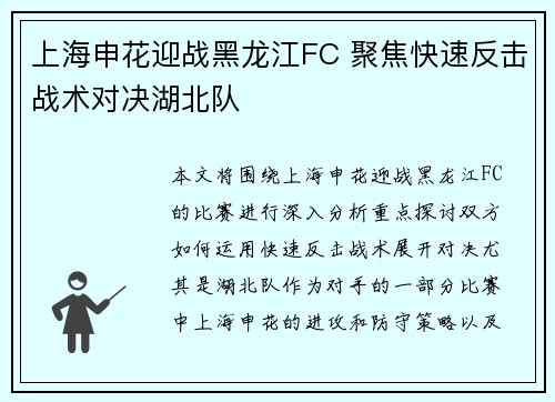上海申花迎战黑龙江FC 聚焦快速反击战术对决湖北队 上海申花迎战黑龙江FC 聚焦快速反击战术对决湖北队