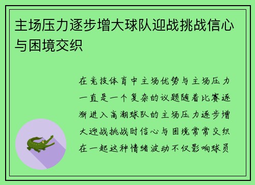 主场压力逐步增大球队迎战挑战信心与困境交织