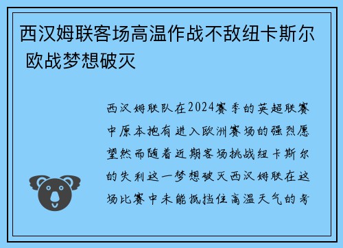 西汉姆联客场高温作战不敌纽卡斯尔 欧战梦想破灭 西汉姆联客场高温作战不敌纽卡斯尔 欧战梦想破灭