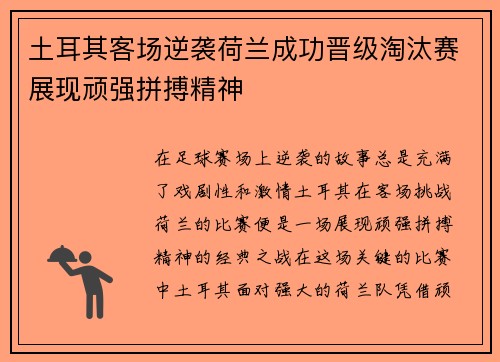 土耳其客场逆袭荷兰成功晋级淘汰赛展现顽强拼搏精神 土耳其客场逆袭荷兰成功晋级淘汰赛展现顽强拼搏精神